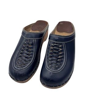 Troentorp Navy Leather Clogs with Woven Detail and Wooden Footbed - US Size 7